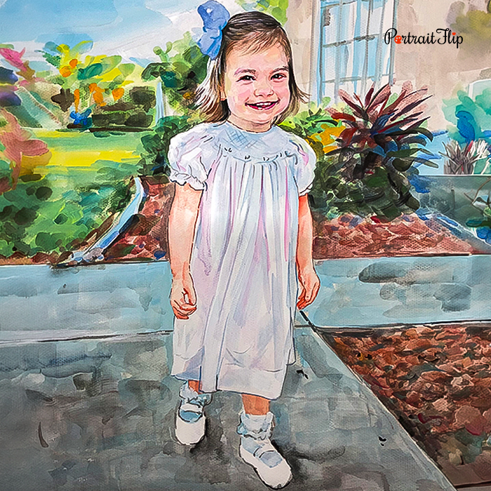 Watercolor painting of girl in white dress in garden